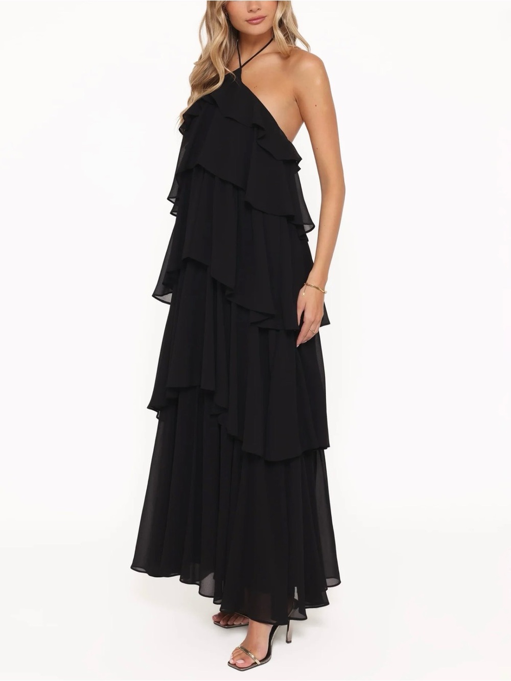Petal & Pup Chasity Black Halterneck Tiered Ruffle Maxi Dress - Picture 4 of 6
